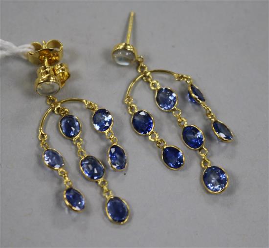 A pair of 14ct gold sapphire and moonstone multi drop chandelier earrings, 39mm.